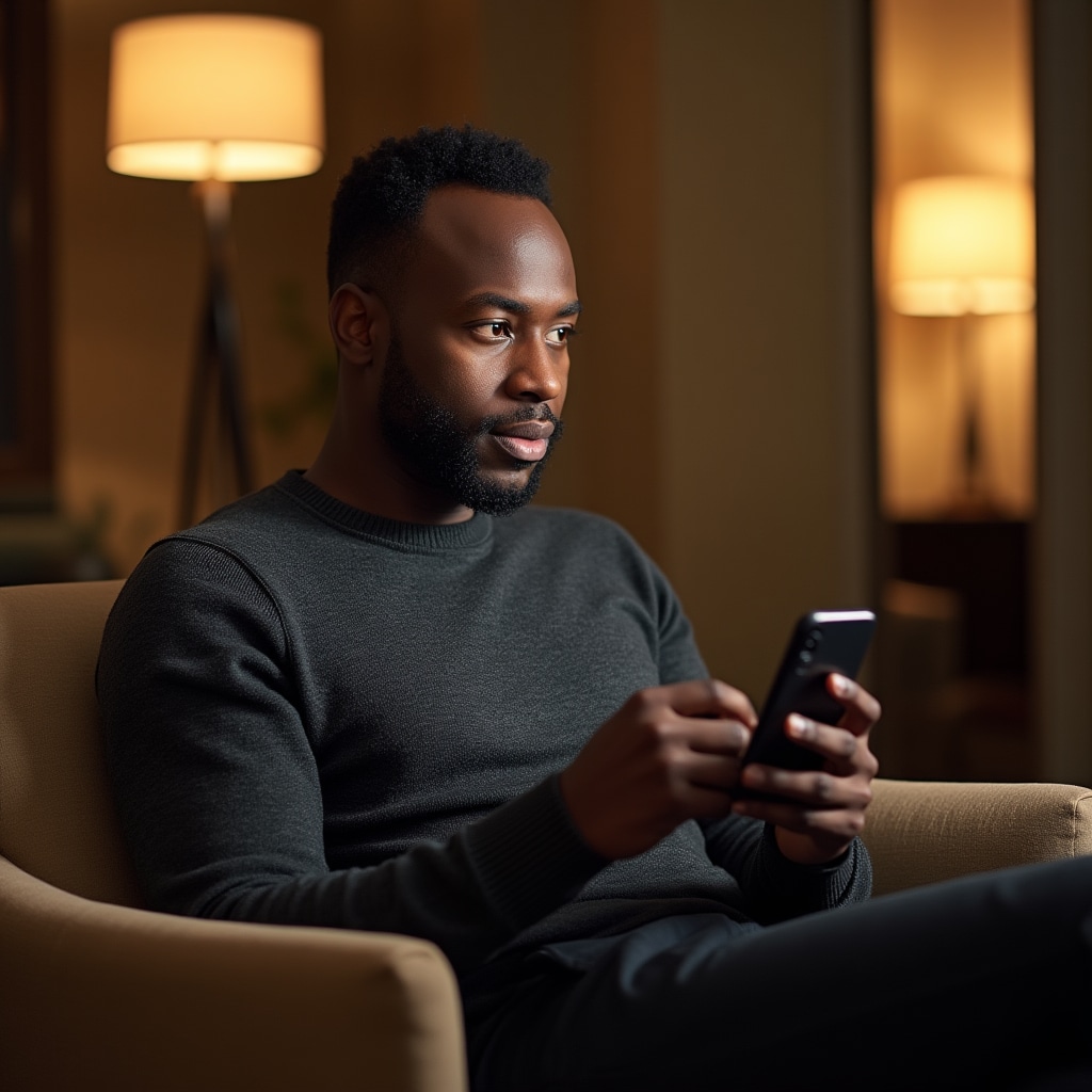 Person in a thoughtful pause, looking away from a phone screen, practicing awareness in a quiet room