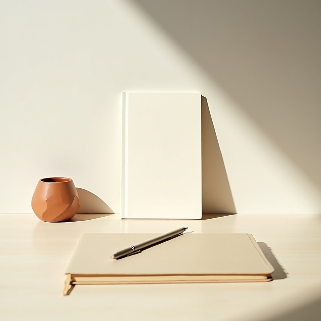 Clean minimal workspace with notebook and pen, calm reflective atmosphere for self-study