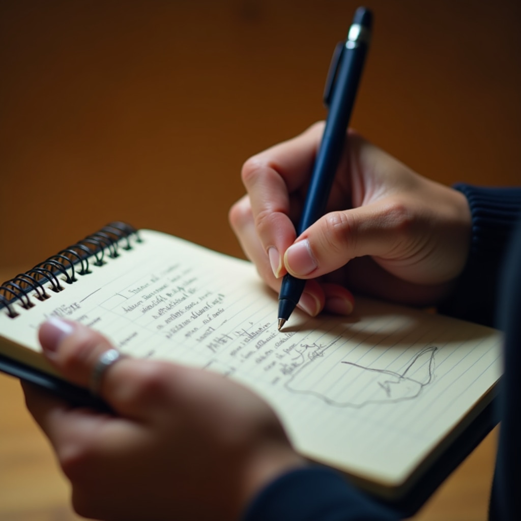 Close-up of a person's hands holding a pen over a small notebook, completing a practical exercise