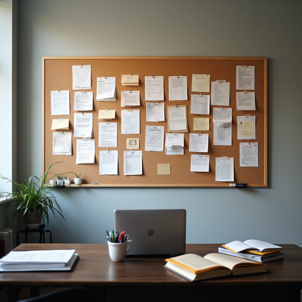 Organized workspace with notes and diagrams pinned to a board, program development process visible