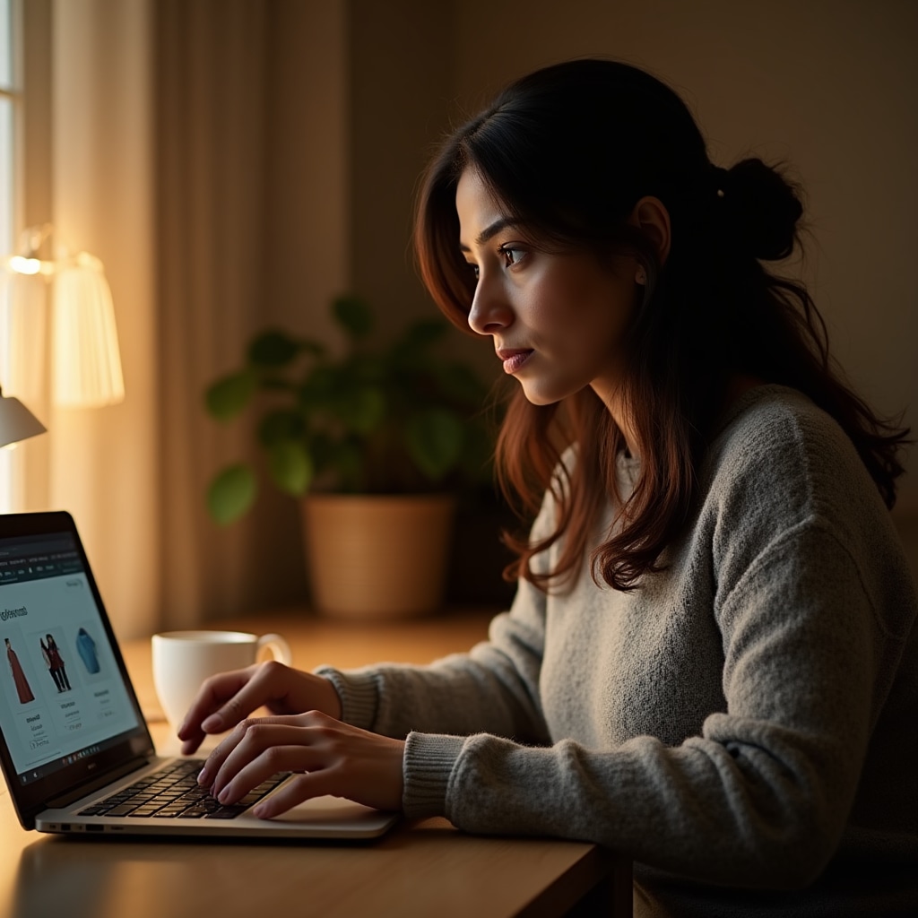 Person sitting at a desk, pausing before making an online purchase decision