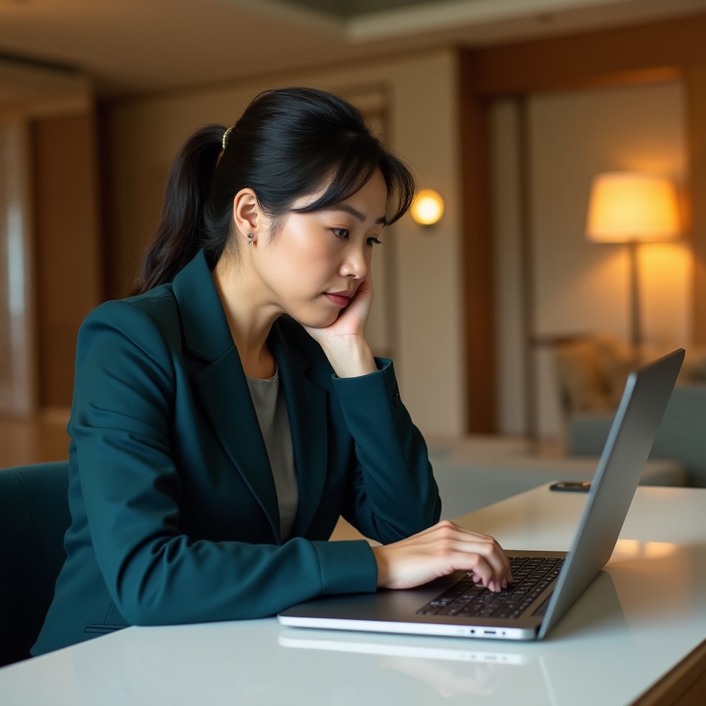 Person pausing thoughtfully in front of a laptop, hand on chin, considering a decision carefully